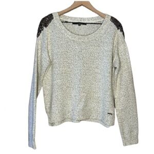 Women's L Guess Embellished Sweater White Metallic Gold Thread Crew Neck